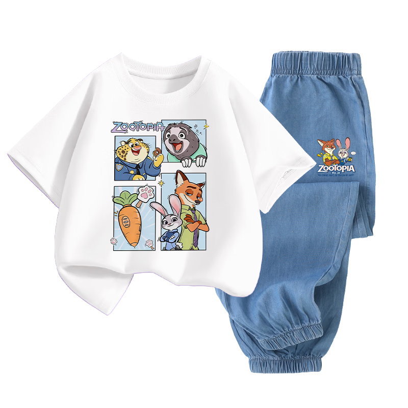 Disney Boys' Summer Set Short Sleeve Tencel Animal White T-Shirt + Rabbit Fox Dark Blue Denim Pants Size 150