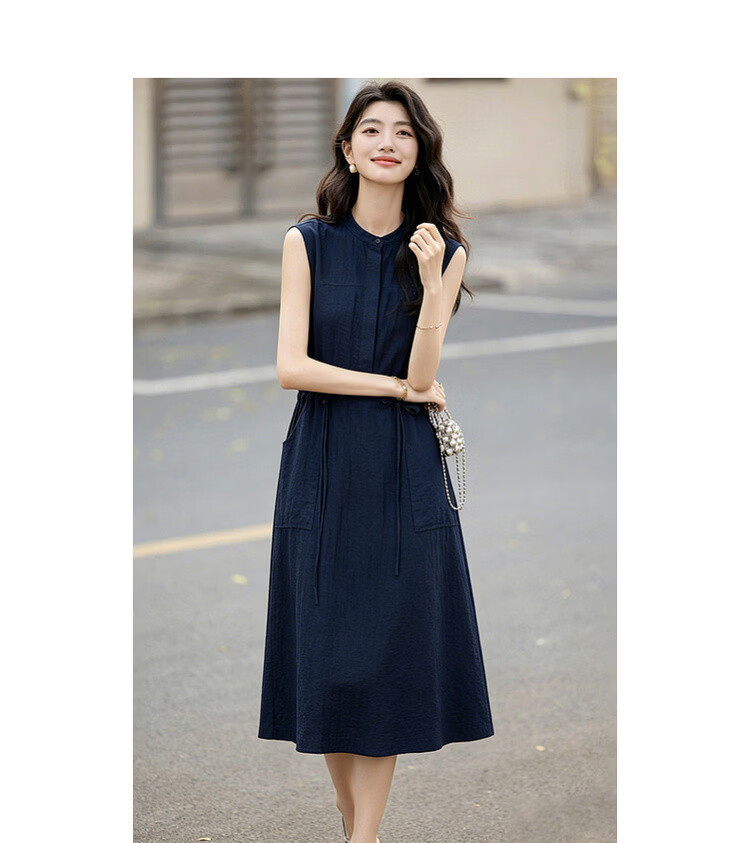 Demana [Accompanied by Elegance] Summer Simple Style Half-Placket Round Neck Drawstring Loose Mid-Length Dress for Women 9