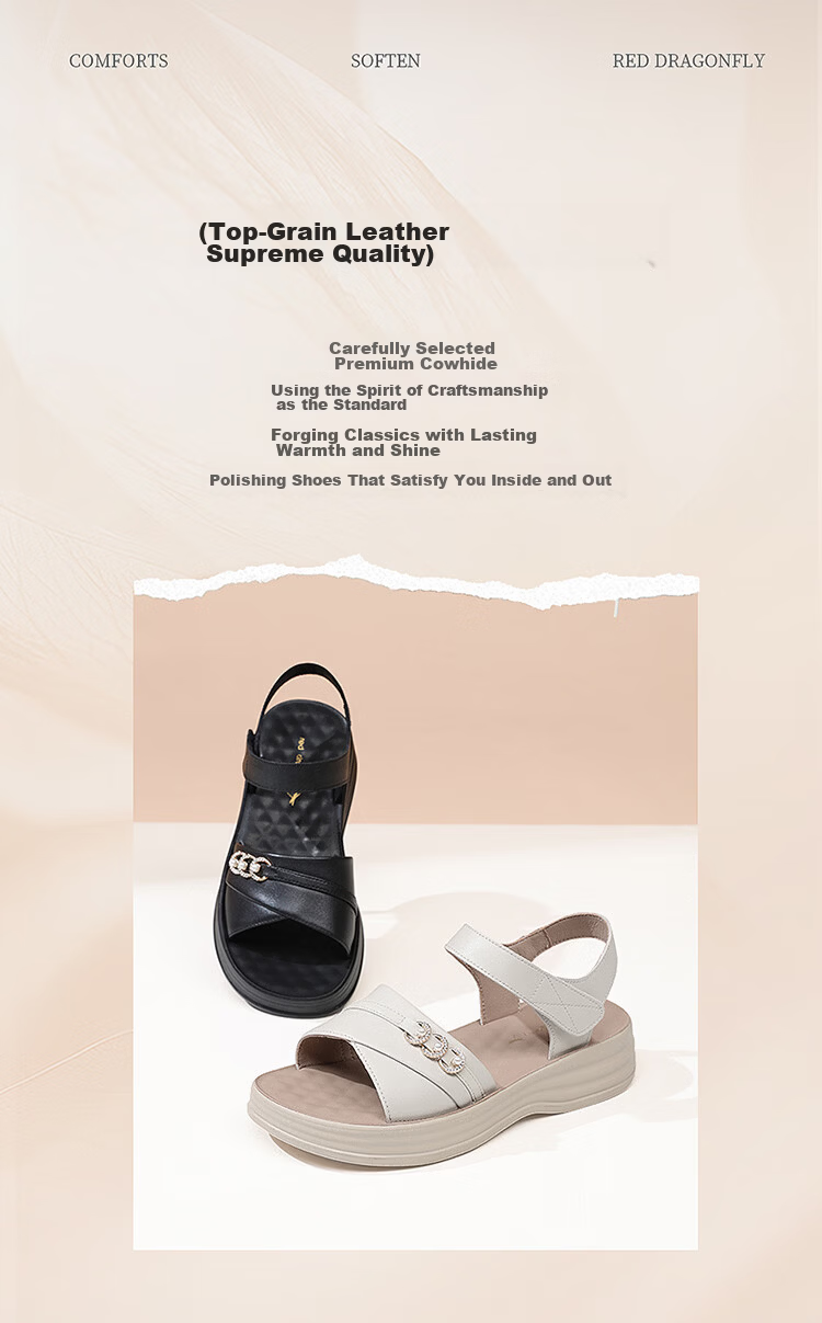 Red Dragonfly Women's Leather Velcro Sandals Thick Sole Soft Sole Lightweight Outdoor Casual Beach Shoes WTK264871 Black 39 3