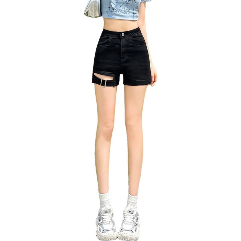 Jeanswest Women's Denim Shorts 2026 Spring Summer High Waist A-Line Slim Functional Style Hot Pants Black M