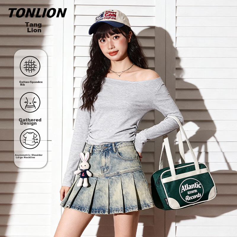 TonLion Women's Long Sleeve T-Shirt Spring Autumn Slim Fit Trendy Off-Shoulder Convertible Top