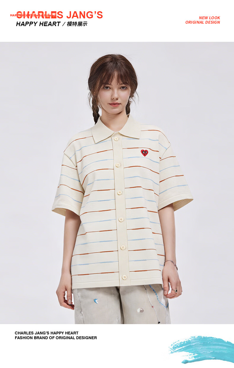 Charles Peach Heart Summer Trendy Small Heart Striped Couple Short Sleeve Polo Shirt Cool Casual Unisex Off-White XS 11