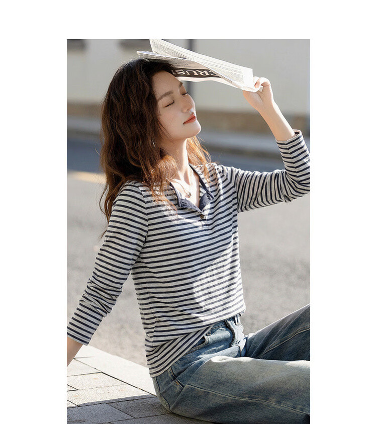 Demana [Smooth Lyocell] Summer Lazy Colorblock Stripe Henley Collar Long Sleeve Loose Slim Fit Versatile Women's T-Shirt 11