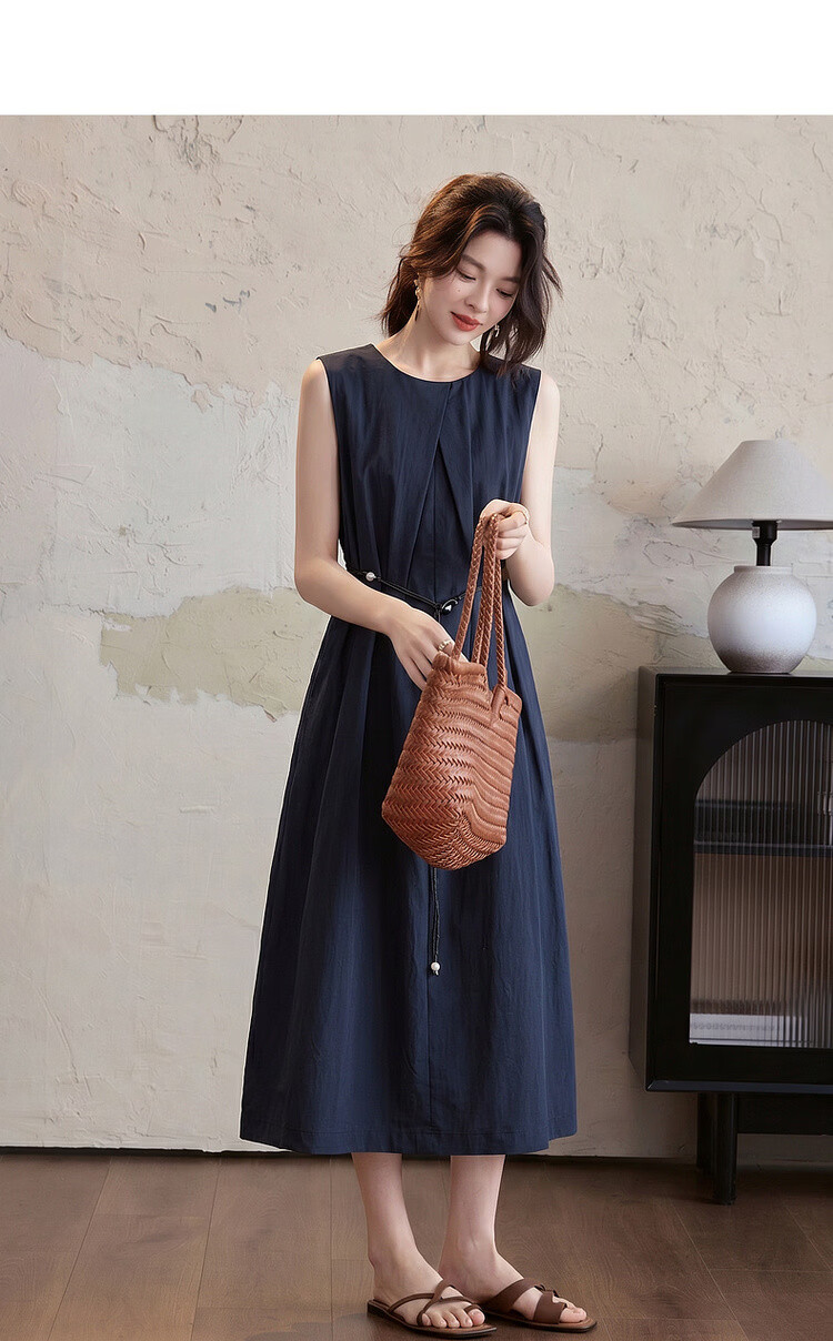 Demana Elegant Urban Summer Simple Cotton-Blend Stretch Round Neck Pleated Sleeveless Belted Dress for Women Premium Feel 5