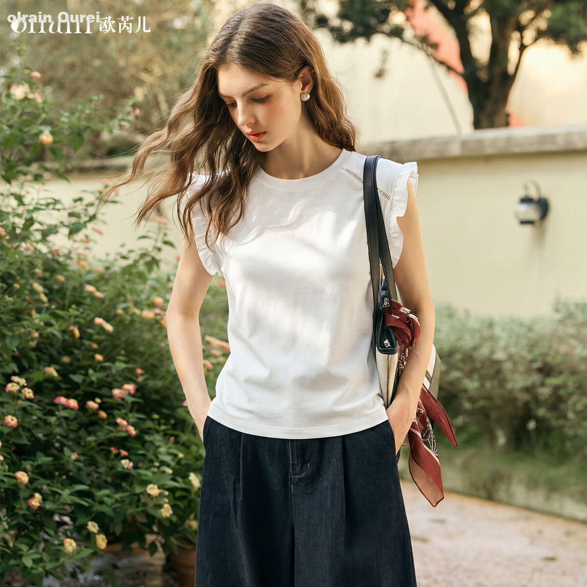 Olrain French Style Ruffled Sleeve Summer Casual Commuter Pullover T-Shirt for Women White S