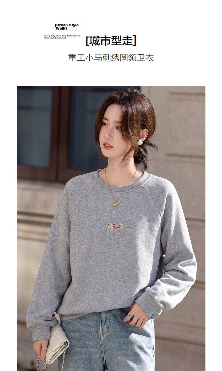 Demana [Cloud Oxygen Cotton Series] Summer Heavywork Pony Embroidery Crew Neck Long Sleeve Slim Fit Petite Sweatshirt for Women Premium Feel 5