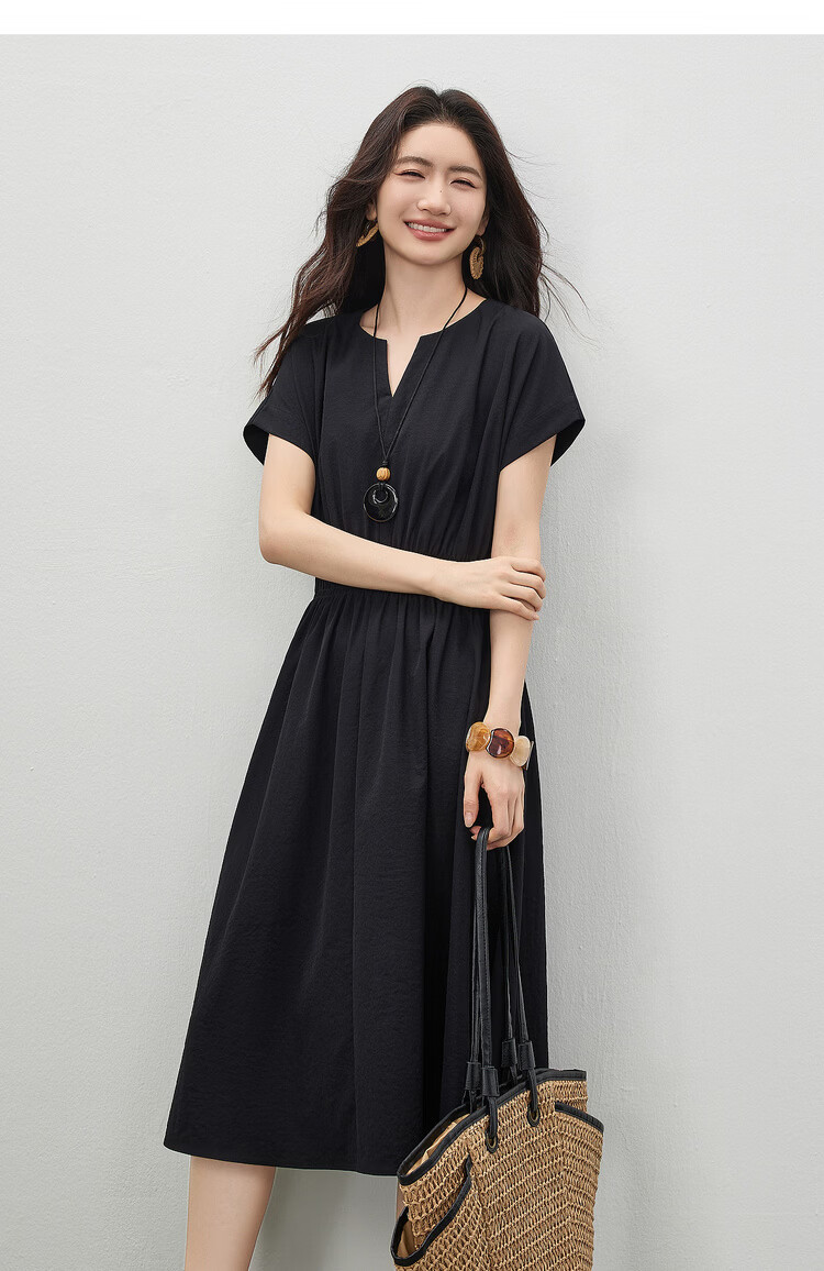 Shangdu Bila Elegant Round V-Neck Korean Style Summer Dress for Women Pear-Shaped Slimming A-Line Dress with Raglan Sleeves Casual Long Dress 11