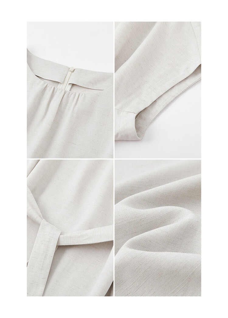 Demana Natural Linen Summer Elegant Round Neck Fabric Belt Loose Petite Mid-Length Dress for Women 16