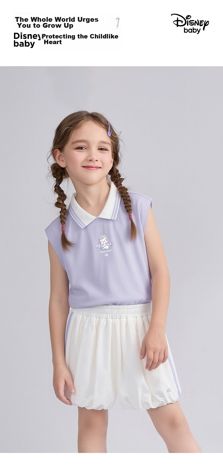 Disney Girls' Sleeveless Polo Collar Set Summer School Style Bud Shorts Two-Piece Set Off-White 160 1