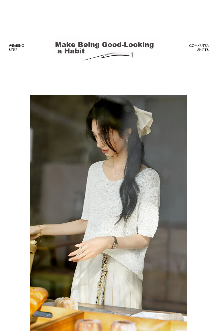 Demana [with Lyocell/Cotton] Summer Glossy V-Neck Textured Jacquard Loose Slim Knit Sweater for Women Premium 10