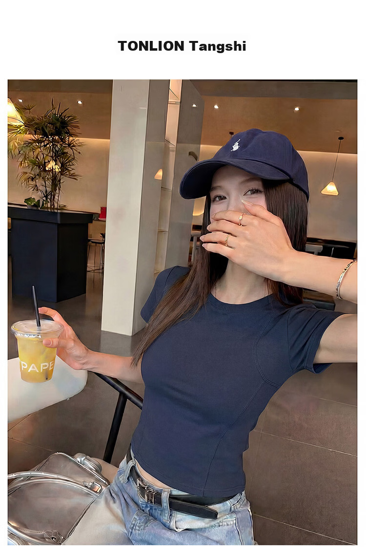 TonLion 2026 Summer New Solid Color Slim Fit Short Sleeve T-Shirt for Women Simple Style 12