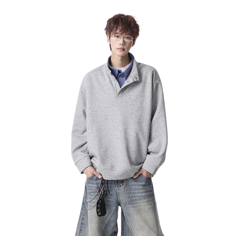 Foss Phil Men's Long Sleeve Sweatshirt Spring Summer American Polo Shirt High Street Vintage Loose Fit Top W6061 Gray XL