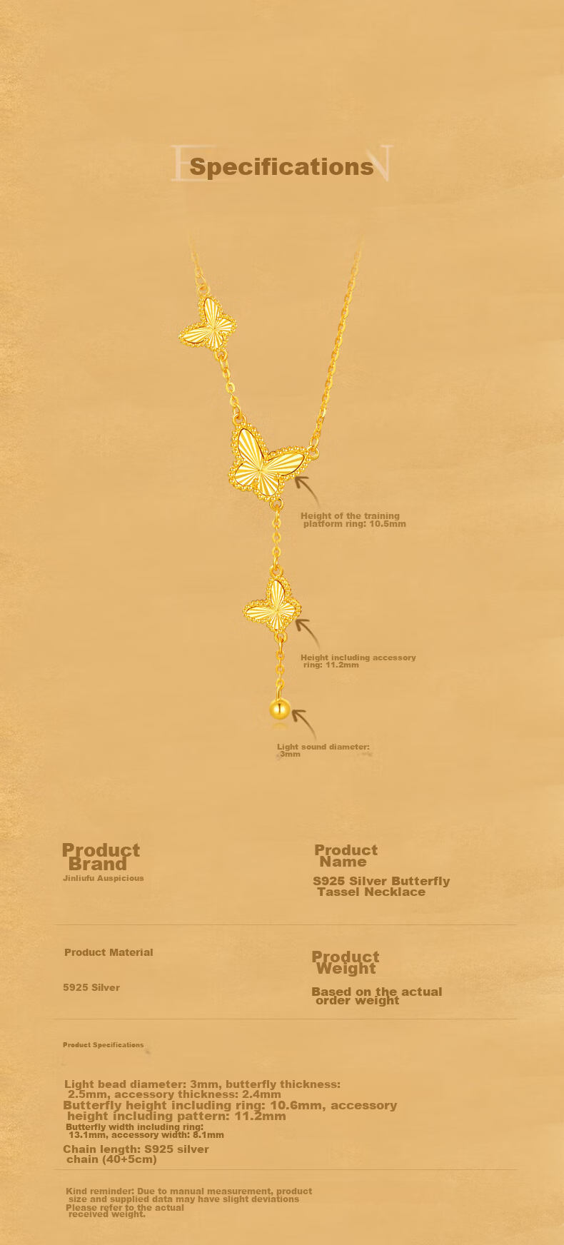 Jinliufu Auspicious Necklace for Women S925 Silver Butterfly Tassel Chain Pure Silver Gold Pendant Mother's Day Gift for Girlfriend 7