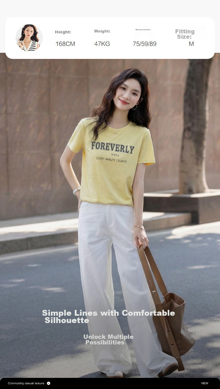 Demana [with Lyocell Cotton] Summer Simple Style Colorblock Letter Print Crew Neck Short Sleeve Comfortable Slim Fit Women's T-Shirt 12