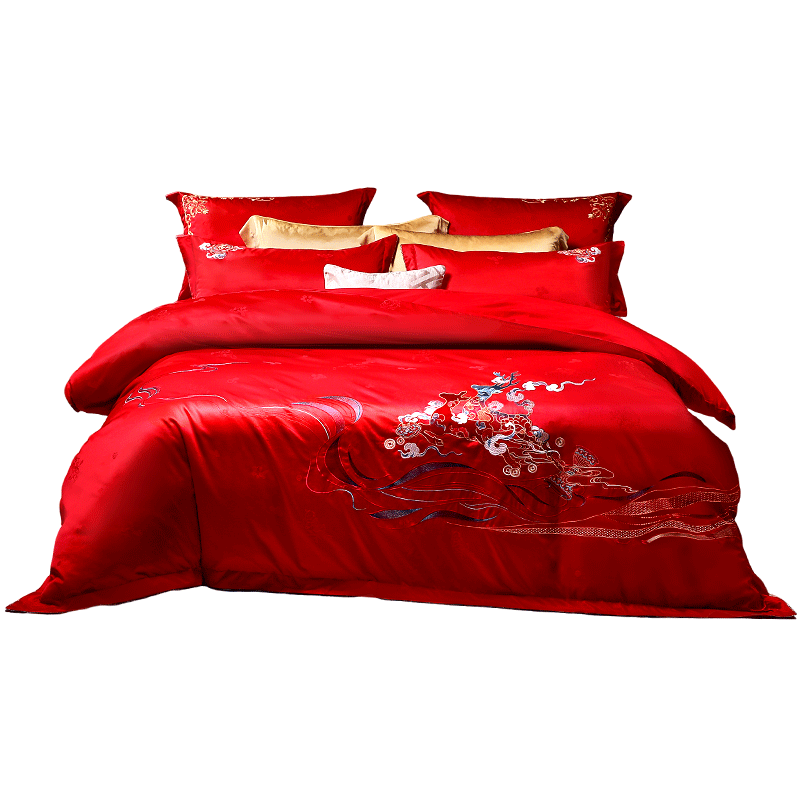 Fuanna Chinese Style Wedding Four-Piece Set Xianglu Cloud-Stepping National Style Embroidered Hundred Sons Jacquard Wedding Bedding Set 1.8m Bed