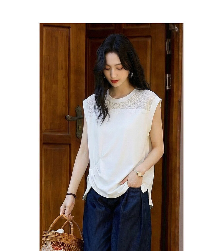 Demana [Cooling Black Technology Sorona] Summer Elegant Lace Splice Crew Neck Pleated Hem Short Sleeve Women's T-Shirt 13