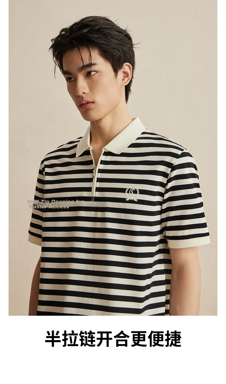 CABBEEN Mercerized Pique Striped Half-Zip Polo Shirt Men Classic Striped Summer 2026 Short Sleeve Breathable Polo Shirt 4