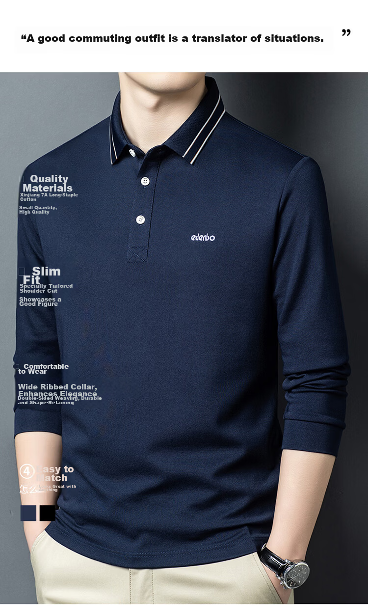Edenbo Men's Long Sleeve Polo Shirt Cotton Mulberry Silk Black 185/100A (3XL) 3