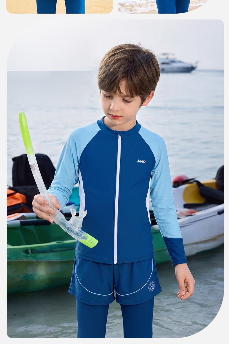 JEEP Boys' Swimwear Set Long Sleeve Top and Pants Sun Protection Swim Training Suit Deep Sea Blue 170 19