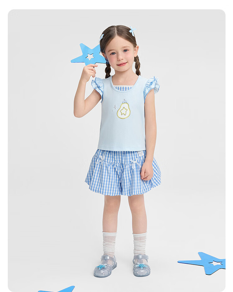 Balabala Girls' Short Sleeve Set Children's Baby Two-Piece 2026 New Summer Delicate Ruffle T-Shirt and Pants Sweet Style 41