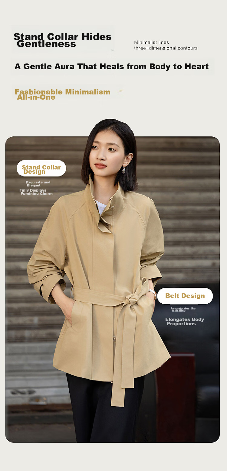 Dme [City Light Travel] Spring Healing Buff Stand Collar Cotton-Nylon Twill Long Loose Women's Trench Coat 2