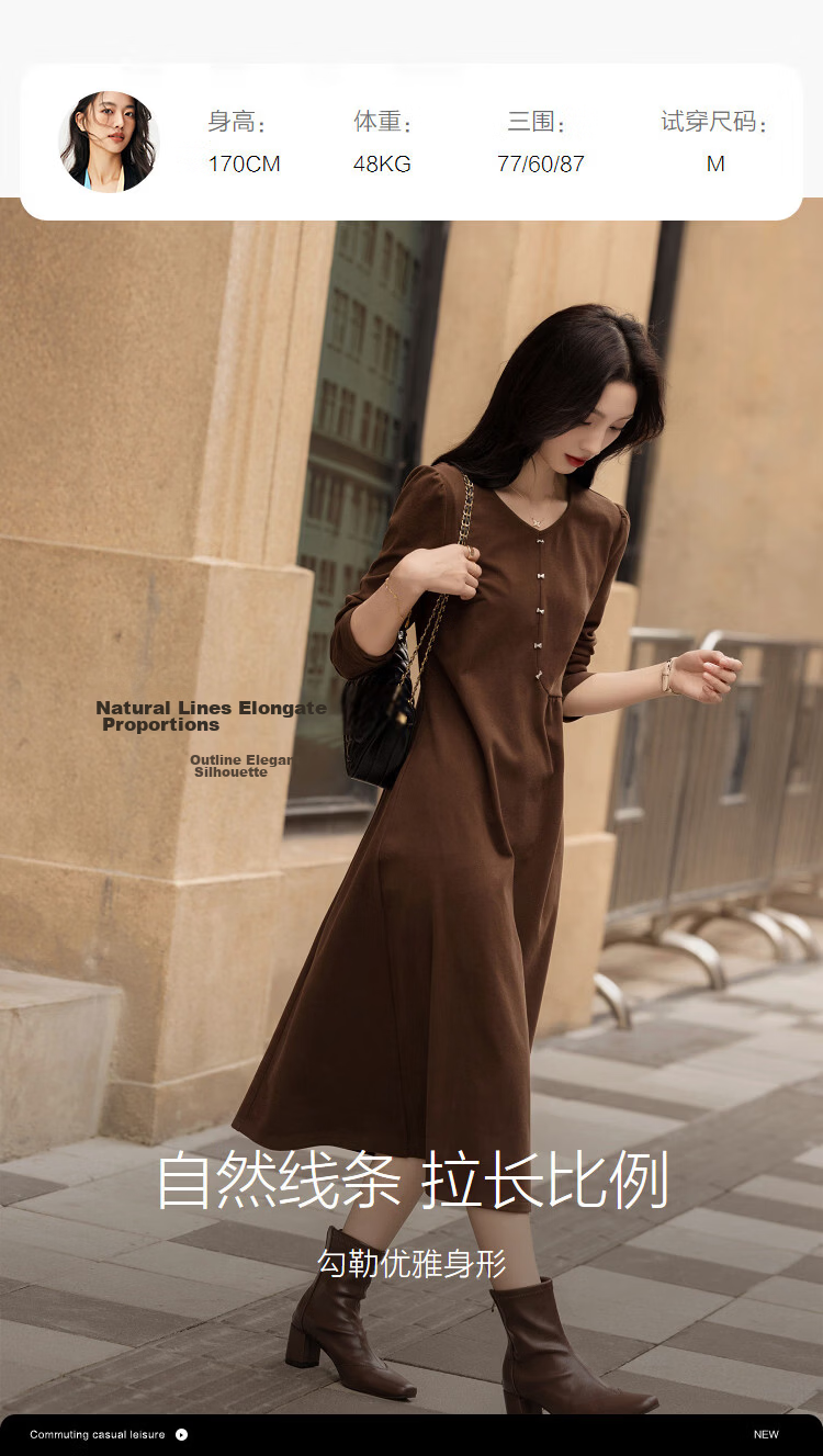 Demana Warm Double-Sided Fleece Autumn Casual V-Neck Irregular Split Metal Button A-Line Women's Dress 9