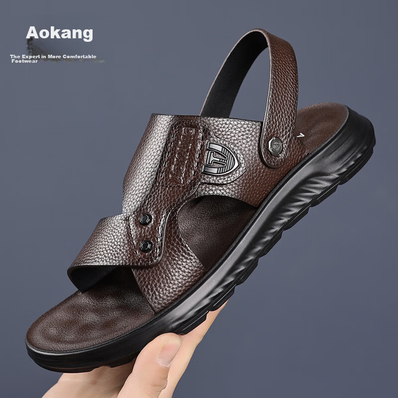 Aokang Father's Day Sandals for Men, Cowhide Leather, Summer Soft-Soled Casual Beach Shoes, Versatile Trendy Two-Way Slippers, Brown, Size 38