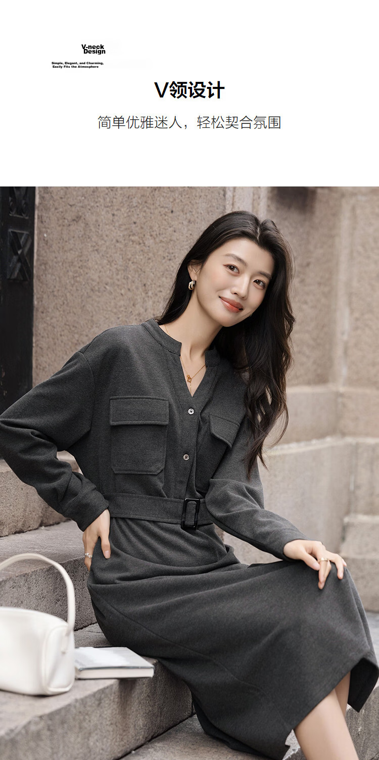 Demana [with Hyaluronic Acid] Spring Urban Commuter V-Neck Half-Placket Pocket Drop Shoulder Loose Women's Knit Dress 7