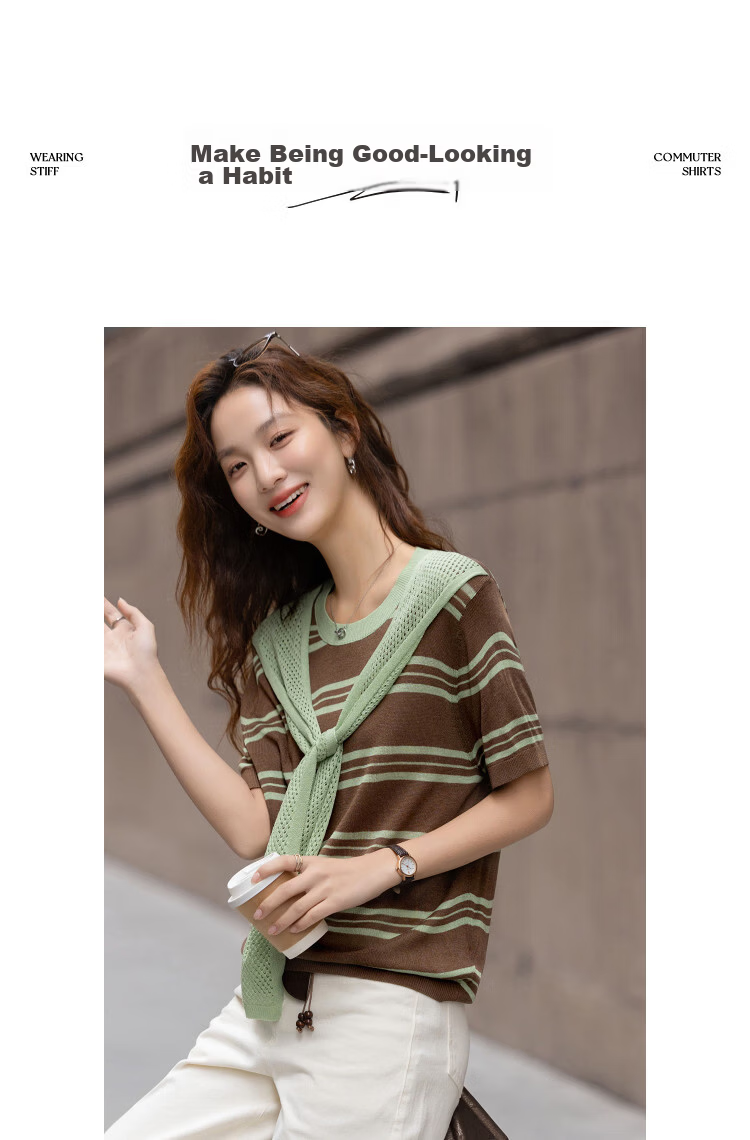 Demana Breathable Yarn Spring College Style Ribbon Striped Loose Slim Short Sleeve Women's Knit Sweater 13