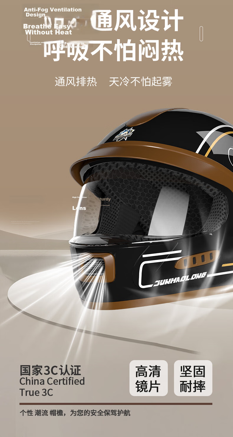 JUNHAOLONG Electric Motorcycle Helmet Full Face Inner Visor New National Standard 3C Certified Unisex Retro Four Seasons Windproof Safety Helmet 703 Glossy Black 3
