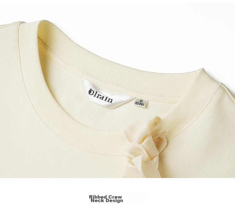 Olrain Detachable Ribbon French Style Short Sleeve T-Shirt Women Summer New Shoulder Round Neck Top Beige M 29