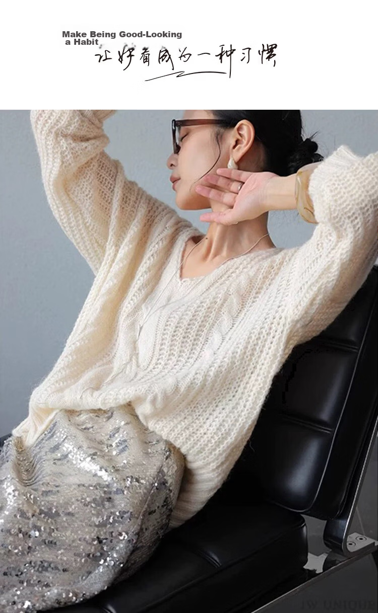 Demana [With Merino Wool] Spring Breathable V-Neck Hollow Jacquard Loose Slim Fit Soft Stretch Knit Sweater for Women Premium Quality 1