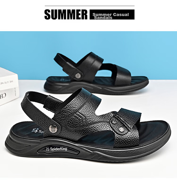 Spider King 2026 Summer New Men's Beach Sandals Genuine Leather Soft Sole Dual-Wear Slippers for Middle-aged and Elderly Dads Black Size 39 21