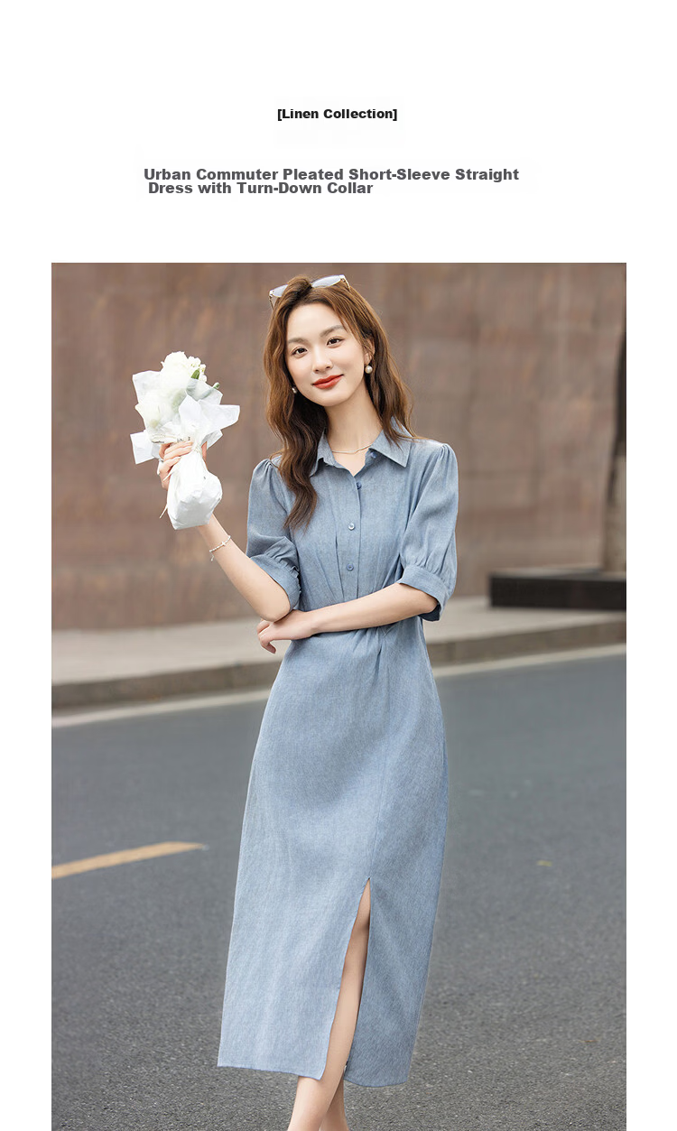 Demana [With Linen] Summer Urban Commuter Pleated Short Sleeve Turn-Down Collar Slim Straight Mid-Length Dress for Women Premium Feel 5