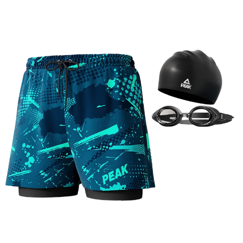 Peak Men's Swim Trunks and Goggles Set HD Anti-Fog Prescription Swim Cap Earplugs Travel Hot Spring Swimwear 2XL