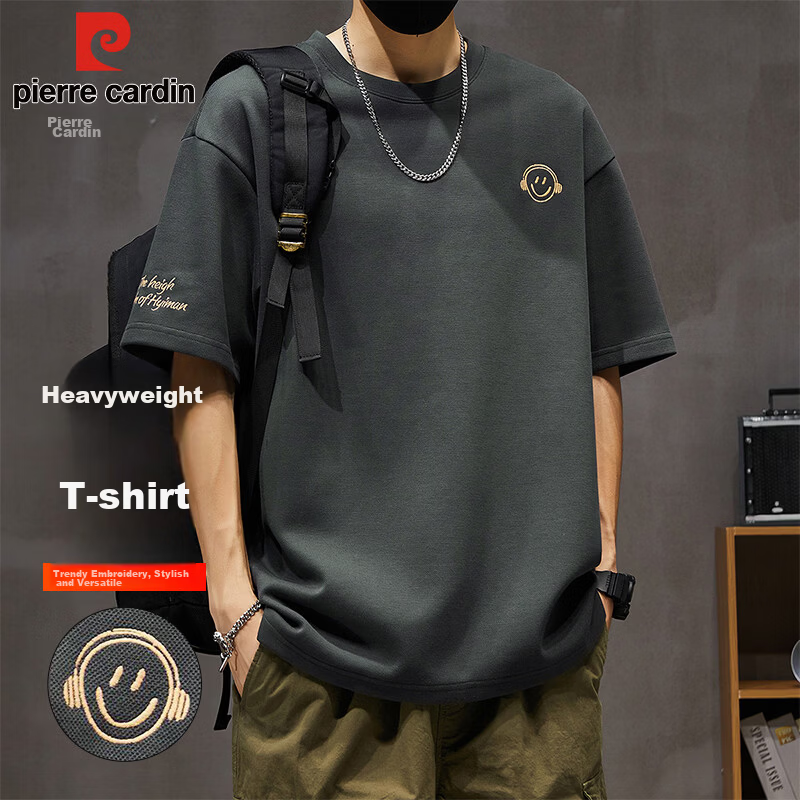 Pierre Cardin Men's Short Sleeve T-Shirt Summer Trendy Smiley Embroidery Loose Fit Crew Neck Heavyweight Cotton Top Dark Gray M