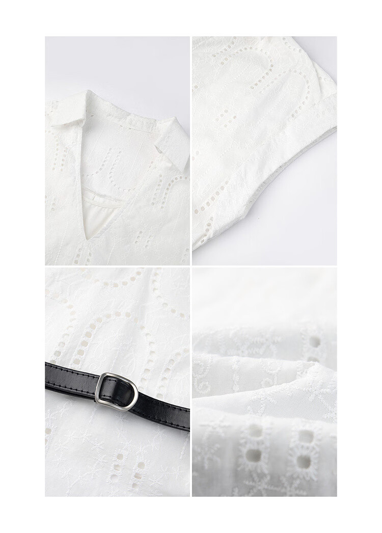 Demana Pure Cotton Light Life Summer V-Neck Lace Embroidered Shirt Color-Block Belted Short Sleeve Blouse for Women 14