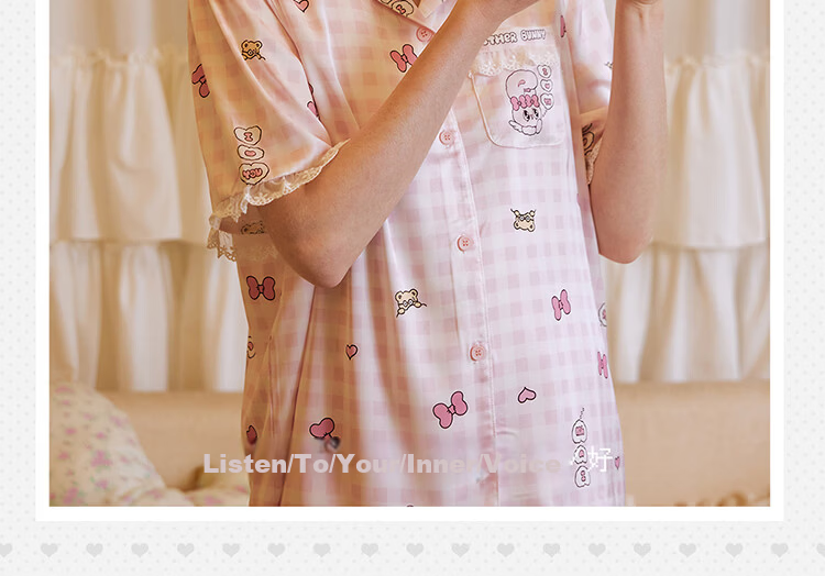 Gukoo Women's Summer Pajamas Ice Silk Sweet Plaid Homewear Set Thin Mesh Pink S 13
