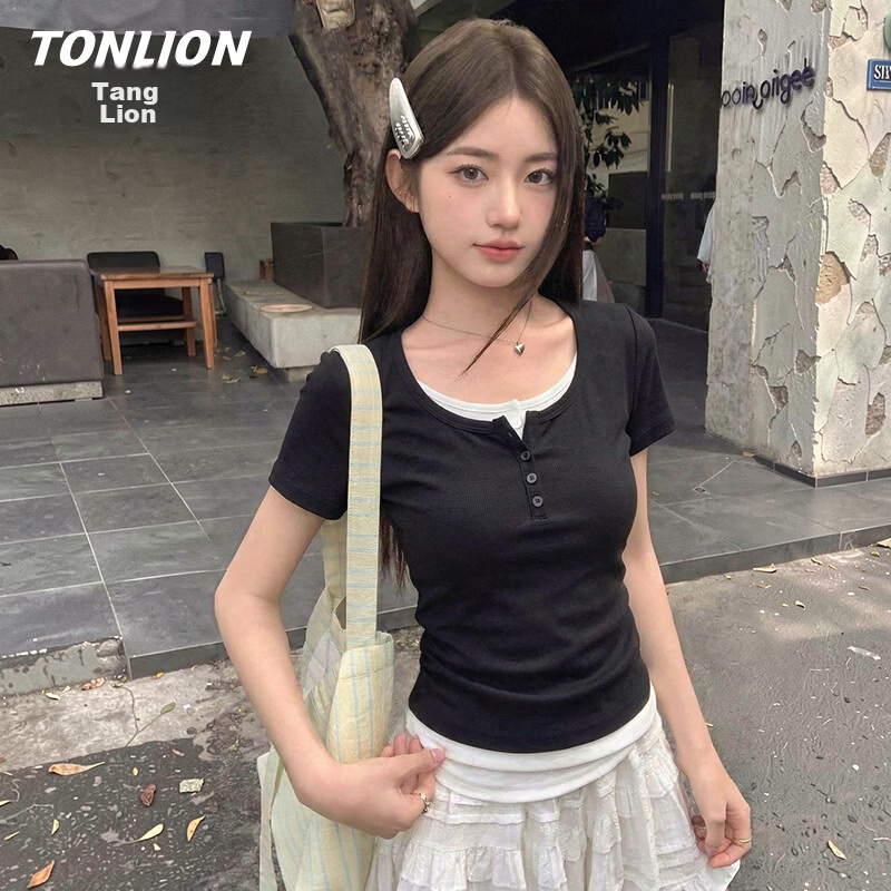 TonLion Women's Short Sleeve T-Shirt Summer New Fake Two-Piece High-End Shoulder Slim Fit Short Crop Top Spicy Girl Style