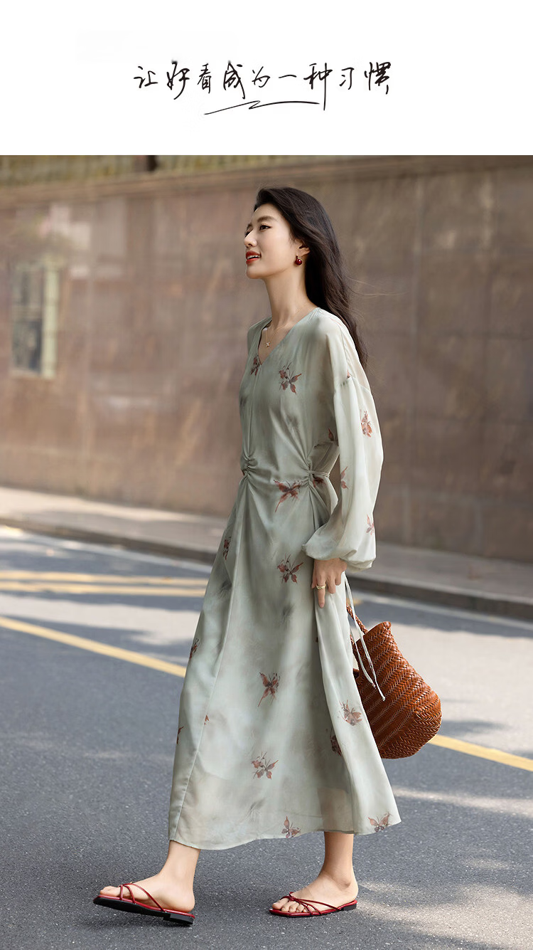 Demana Elegant Chiffon Fairy Spring Lightweight V-Neck Dress with Camisole, Printed Belt, Extended Length, Slim Fit Women's Dress 1
