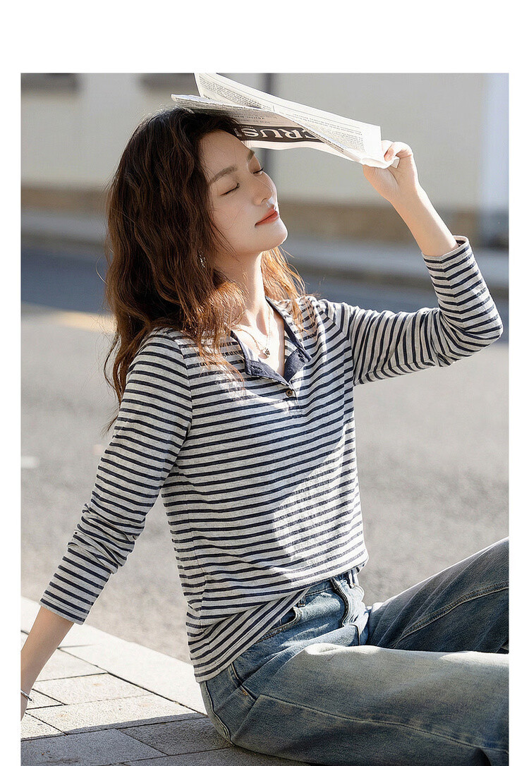 Demana [Smooth Lyocell] Summer Lazy Colorblock Stripe Henley Collar Long Sleeve Loose Slim Fit Versatile Women's T-Shirt 3