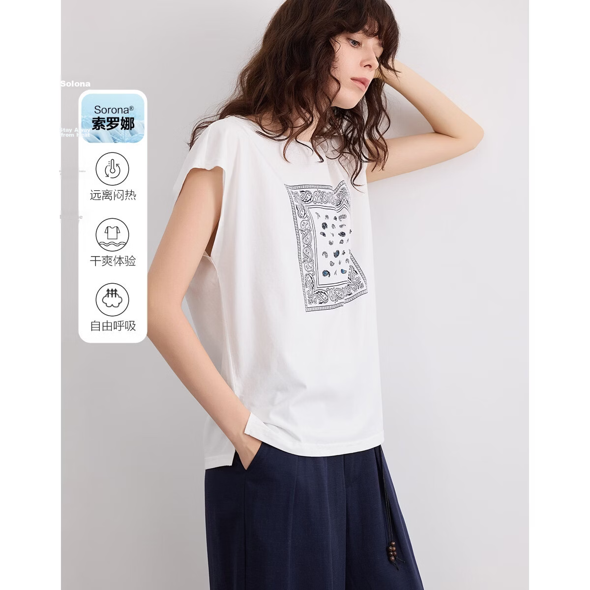 Demana [Cool Sorona] Summer Retro Print Crew Neck Short Sleeve Loose Casual Simple Versatile Women's T-Shirt