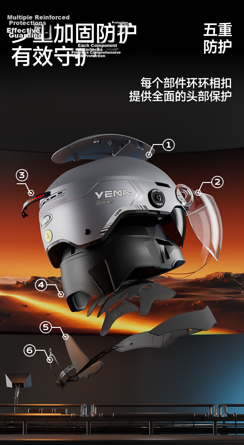 YEMA 3C Certified Electric Motorcycle Helmet Unisex Summer Sun Protection Breathable Skylight Half Helmet Four Seasons Dual Lens Electric Scooter Safety Helmet 370S Khaki White 12