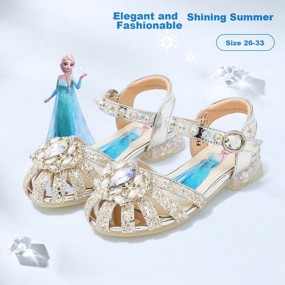 Disney Elsa Princess Girls Summer Sandals Crystal Shoes Fashion Performance Shoes Beige Size 30