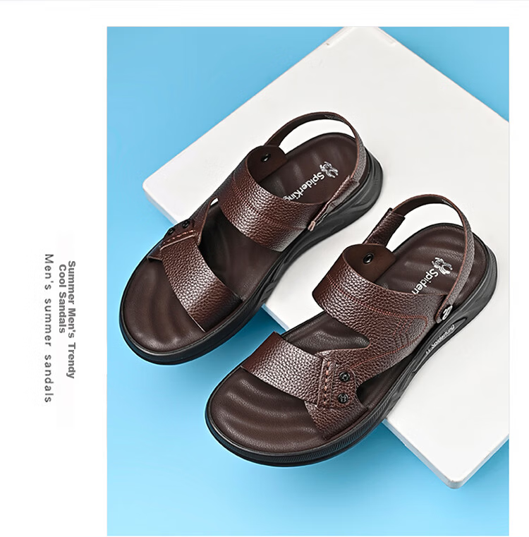 Spider King 2026 Summer New Men's Beach Sandals Genuine Leather Soft Sole Dual-Wear Slippers for Middle-aged and Elderly Dads Black Size 39 14