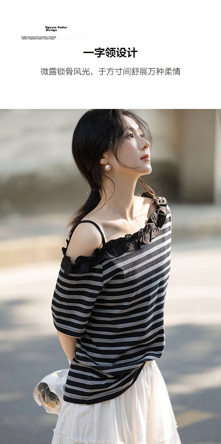 Demana Skin-friendly Cotton-Amino Summer Off-shoulder One-side Drop Shoulder Ruffle Edge Striped Slim Loose T-shirt for Women Premium 7