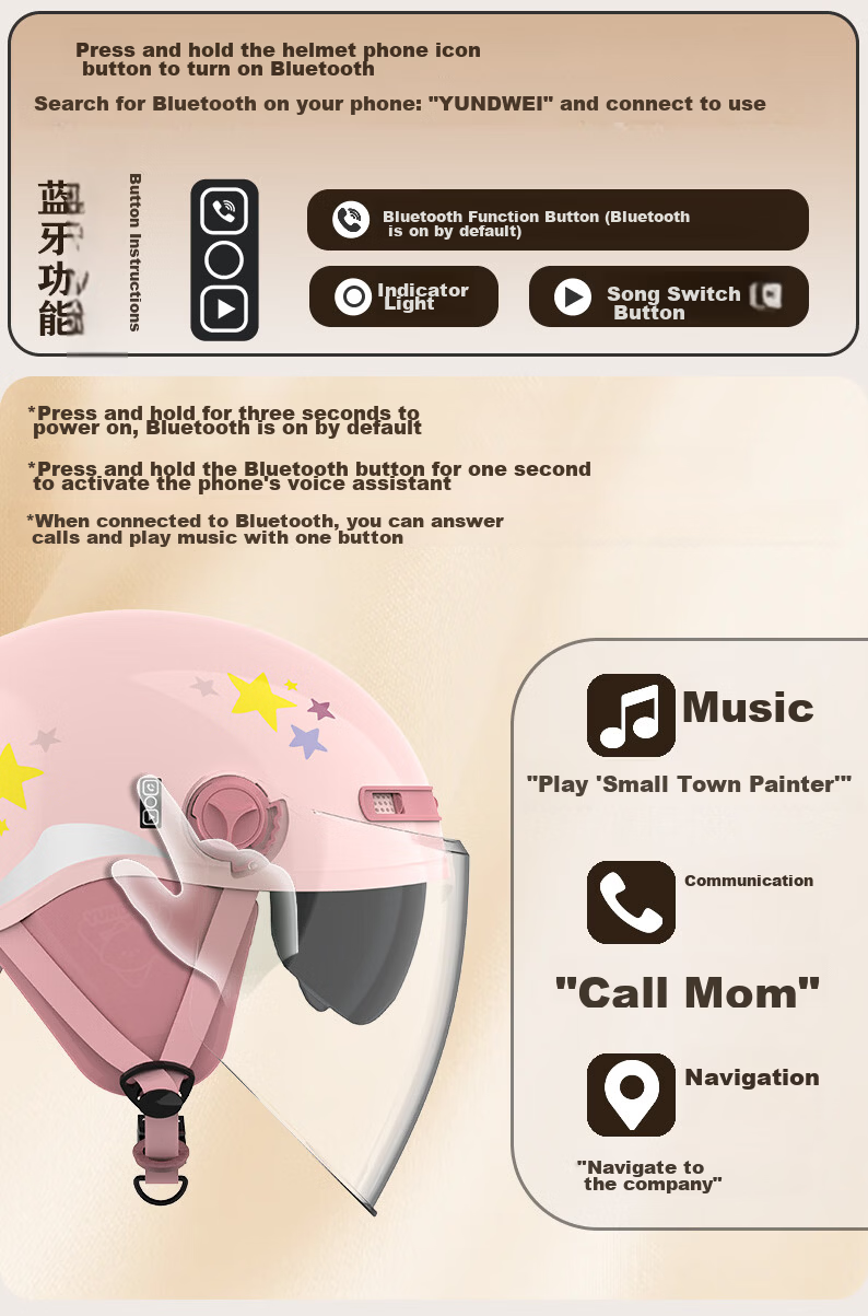 Yundianwei Women's Electric Bicycle Helmet, 3C Certified, Scooter Safety Helmet, Couple And Parent Lightweight Motorcycle Half Helmet for All Seasons, Smart Bluetooth Dual Visor Model, Kabbi Pink, Large Size L 5