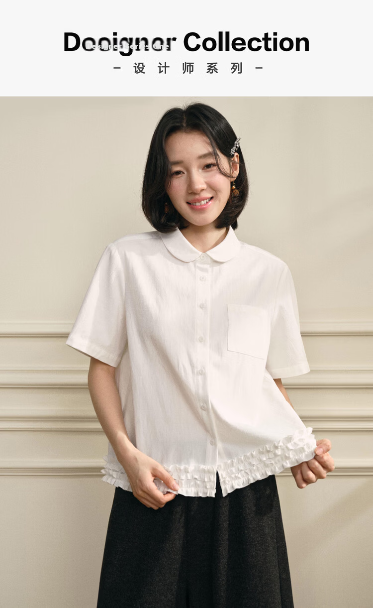 Giordano Designer 2026 Summer Textured Doll Collar Spliced Lace Short Sleeve Shirt for Women 18346304 3