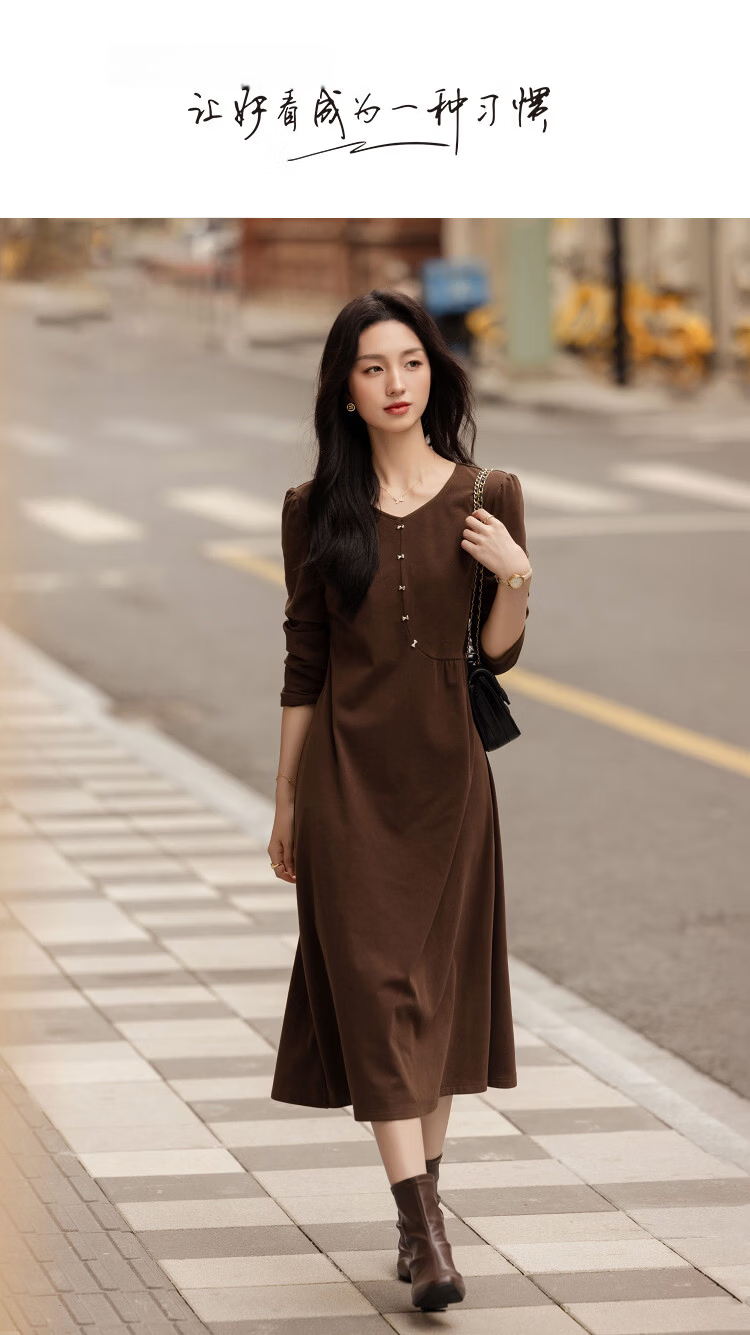 Demana Warm Double-Sided Fleece Autumn Casual V-Neck Irregular Split Metal Button A-Line Women's Dress 1