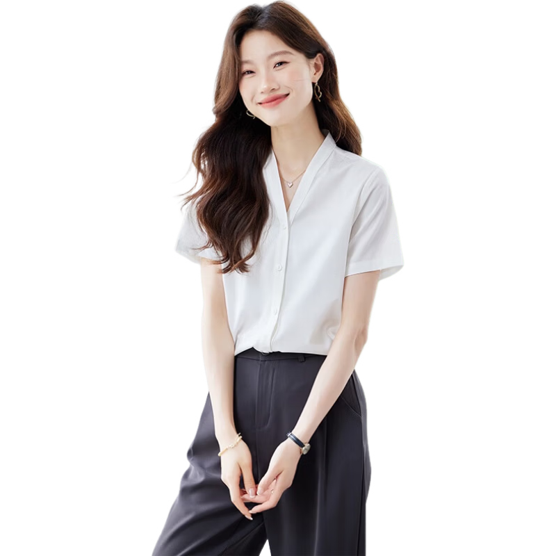 Jeanswest Women's Short Sleeve Shirt Summer Professional Slim Fit High-End Collarless Versatile Top Purple M